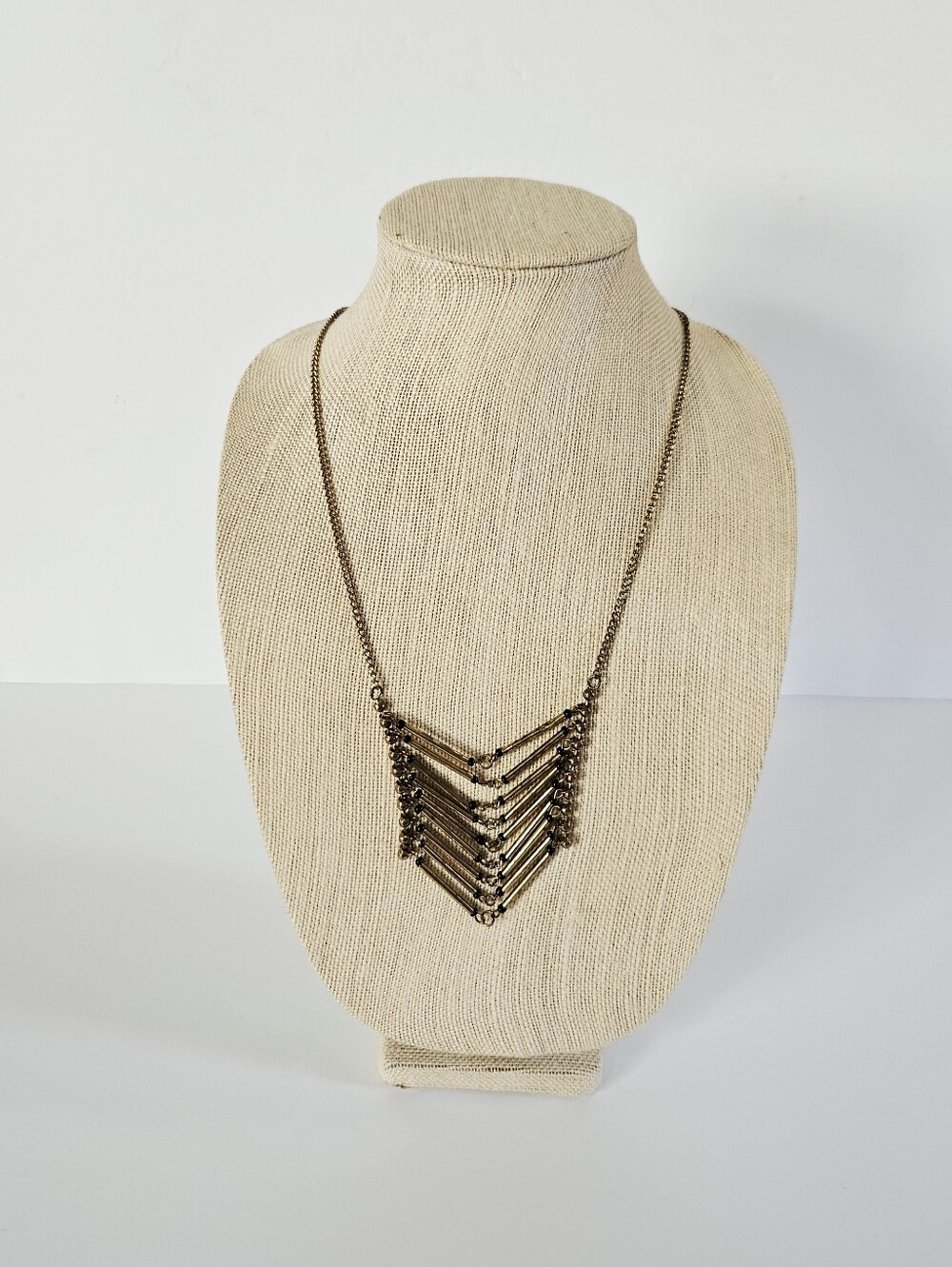 Vintage Geometric Brass Tube Beaded Chevron Hinged Cascade Bib Chain Necklace